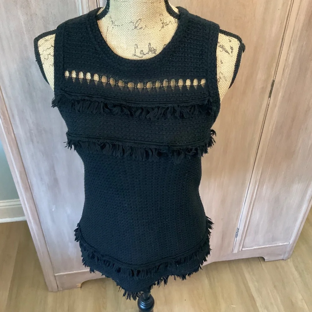 J Crew Factory Black 100% Cotton textured knit top sleeveless fringe Tank small